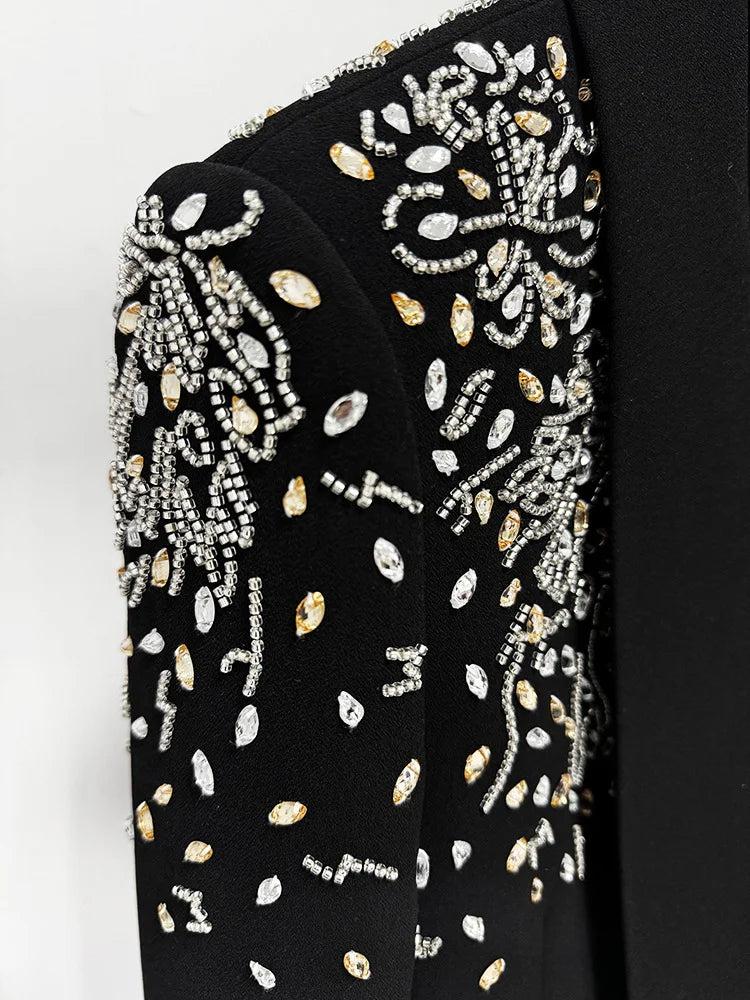Beaded Diamonds Shawl Collar Double Breasted Blazer Pants Set 2PC