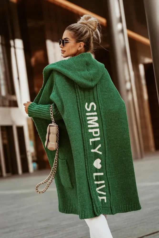 Letter Hooded Cardigan Knit Sweater