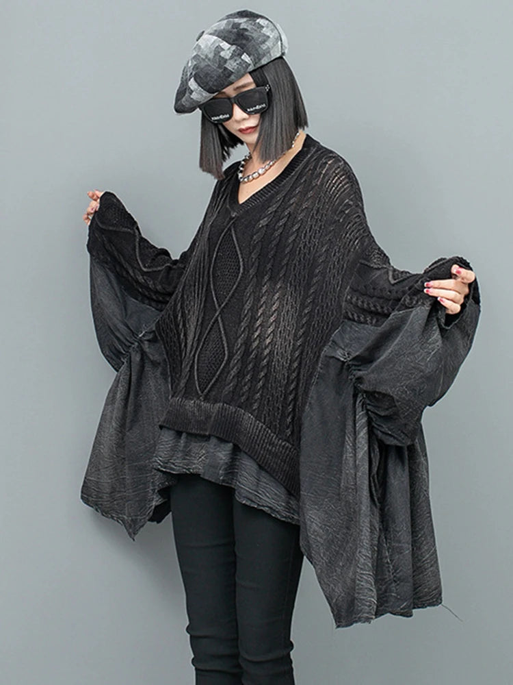 Irregular Big Size Knitting Sweater V-Neck Long Sleeve Women Pullovers