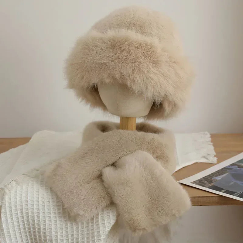 2pcs Plush Fox Mink Fur Scarf Hat Sets