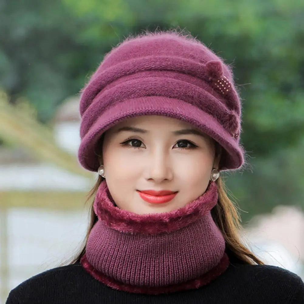 Sweet Ladies Cap & Scarf 2pcs Set Thickened Plush Lining