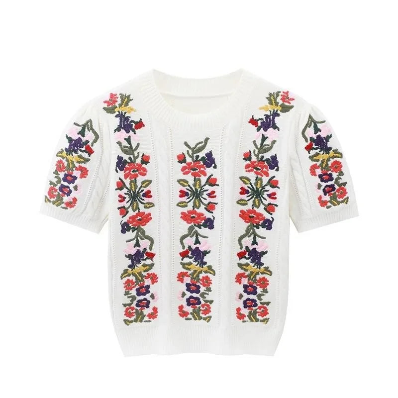 Vintage Elegant Embroidered Puff Sleeve Knitted Sweater