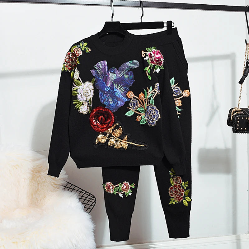 Flower Sequin Bird Pattern Printing Knit Sweater Set