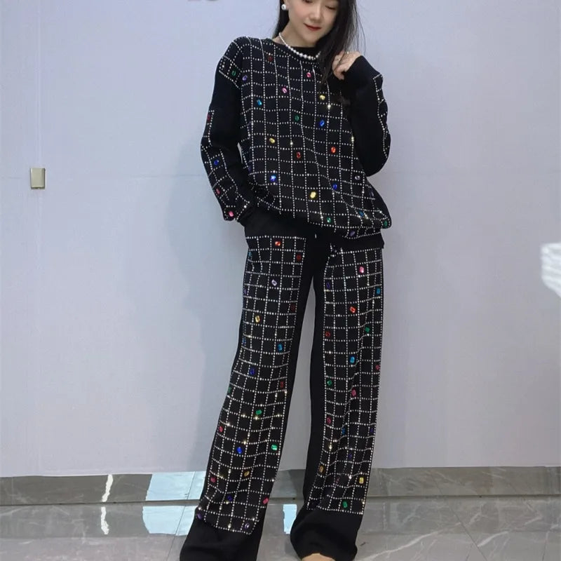 European-style Rhinestone Knitted Sweater Two-piece Set