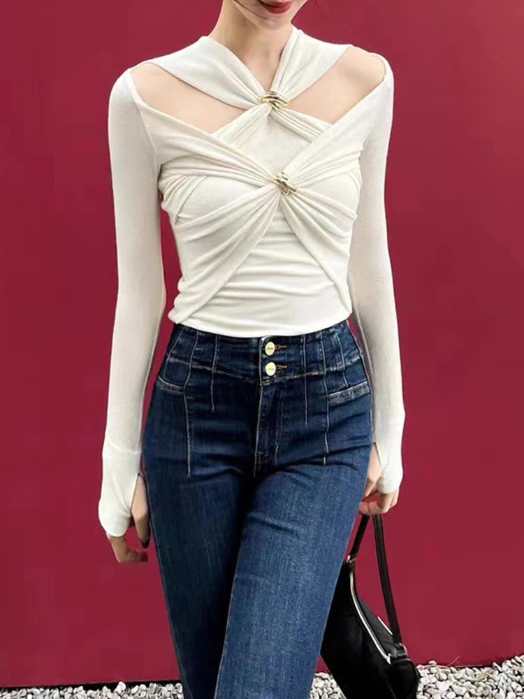 Hollow Out Knot Long Sleeves Slim Knitted Pullovers