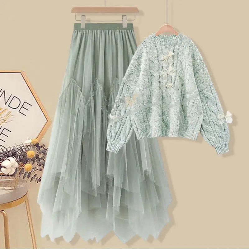 Lazy Sweet Knitted Sweater Pleated Gauze Skirt Two-piece