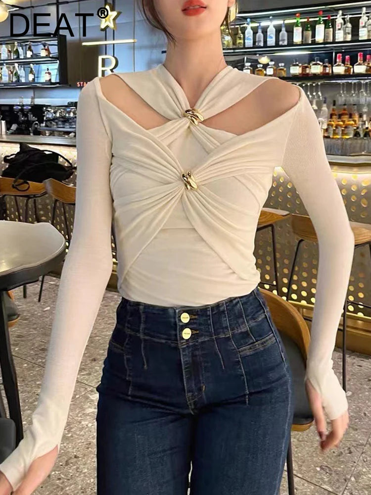 Hollow Out Knot Long Sleeves Slim Knitted Pullovers