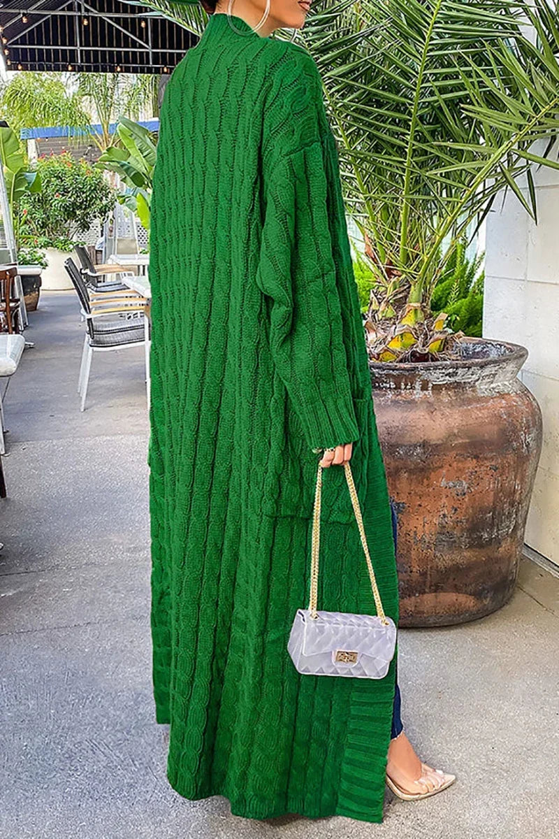 Casual Green Cardigans Long Sleeve With Pockets Knit Long Sweater