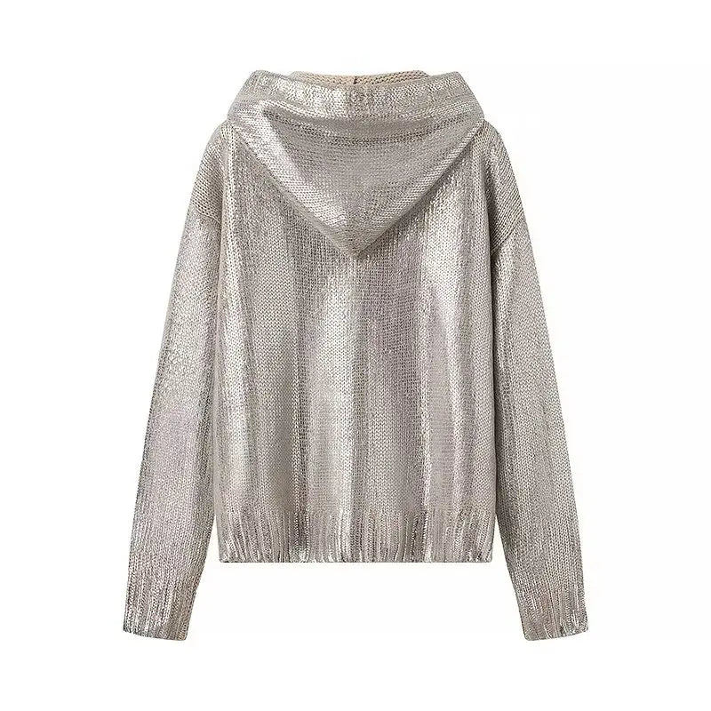 Plus Size Hooded Metallic Long-Sleeved Sweater