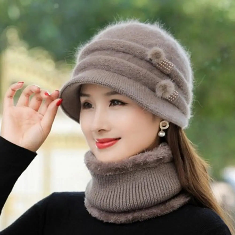 Sweet Ladies Cap & Scarf 2pcs Set Thickened Plush Lining