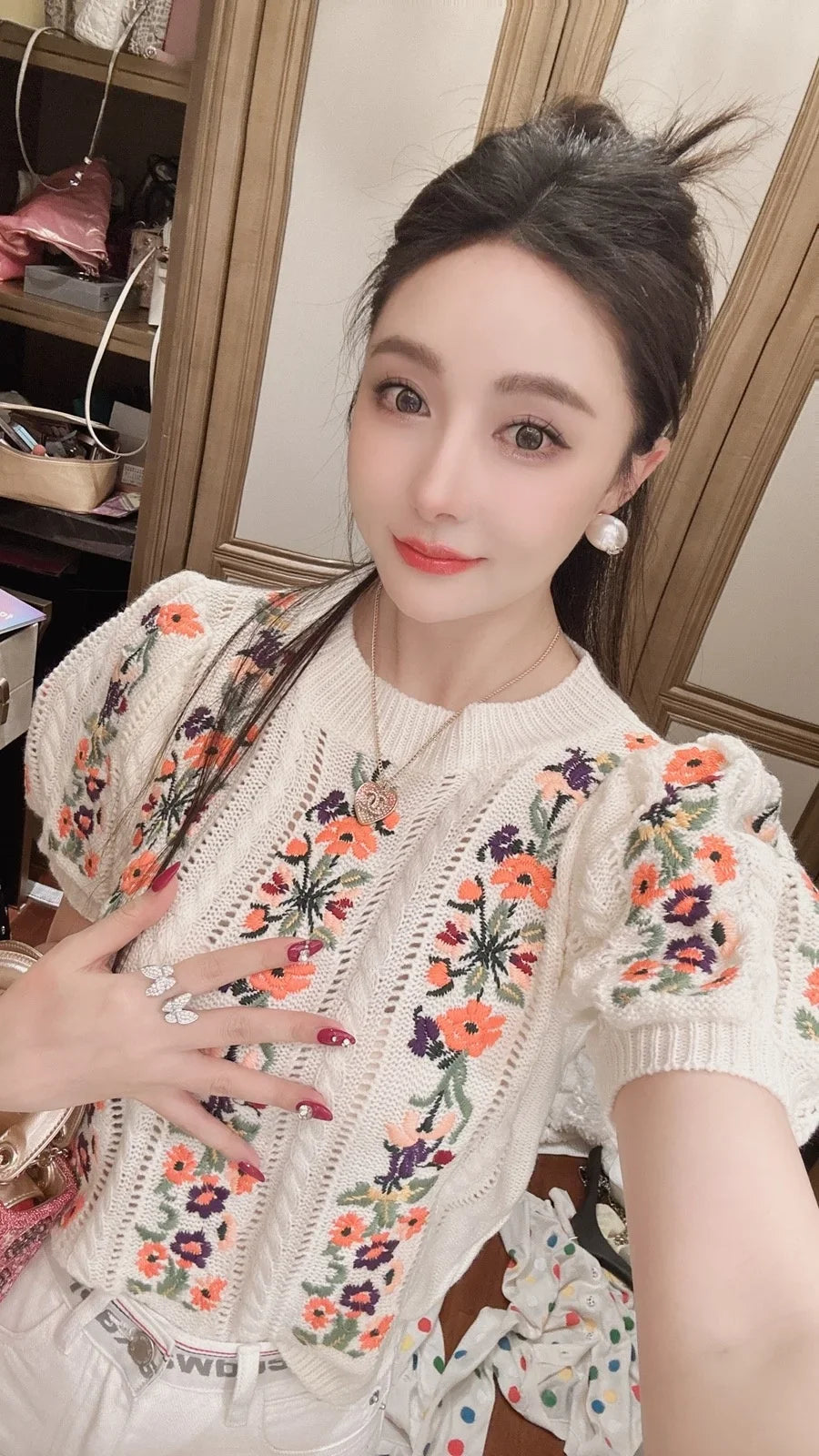 Vintage Elegant Embroidered Puff Sleeve Knitted Sweater