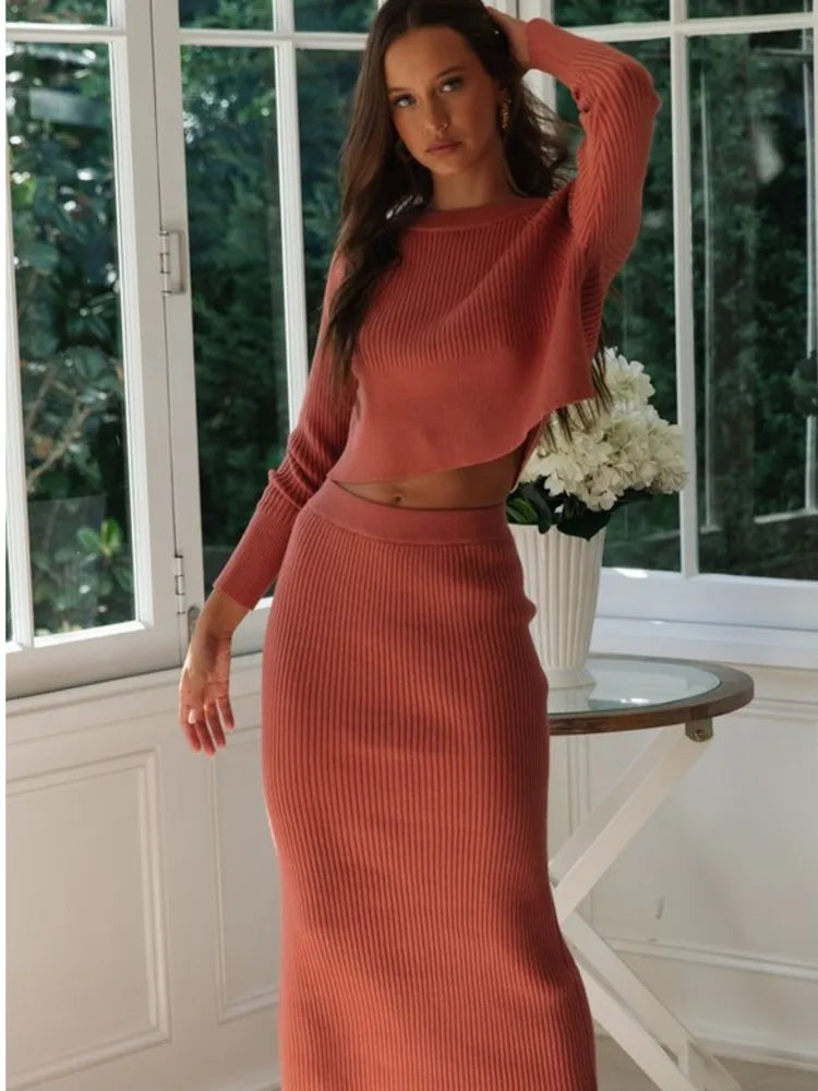 Sweater Crop Tops & Knitted Skirts Bodycon 2PCS Suits