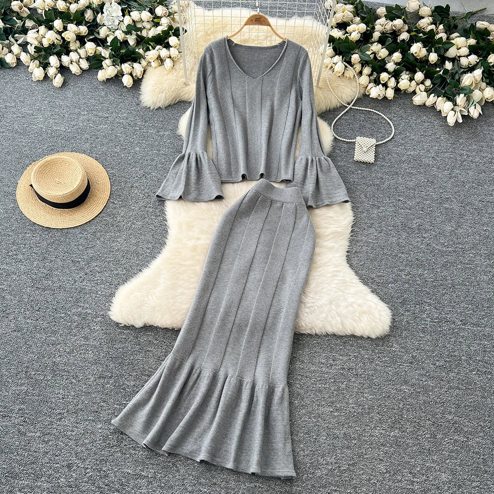 2 Piece Elegant Long Flare Sleeve Pullover Sweater And Trumpet Skirt Sets
