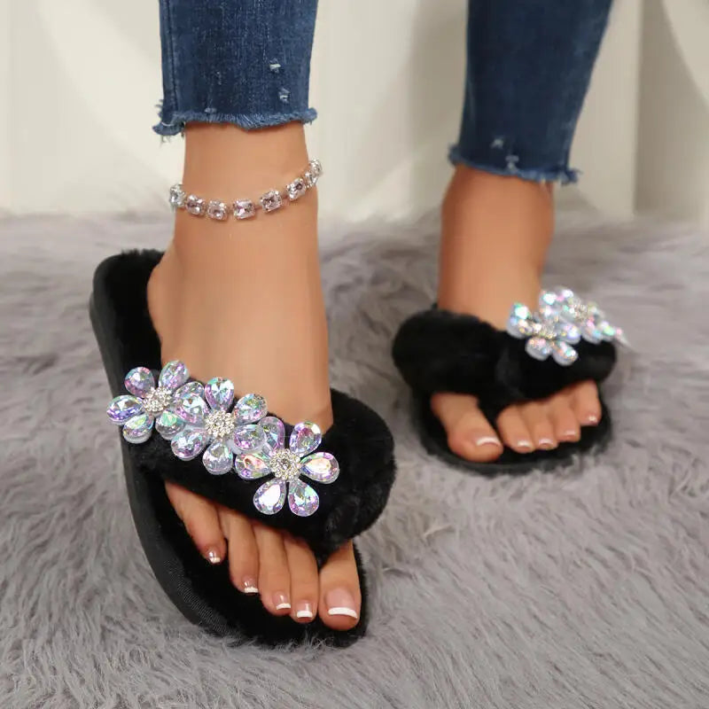 Luxury Glitter Flower Faux Fur Flip Flops