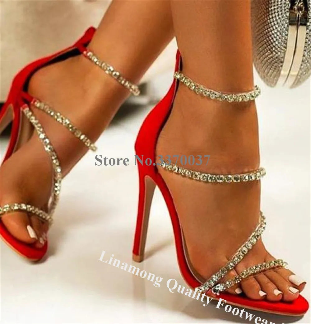 Linamong Bling Bling Rhinestones PVC Straps Thin Heel