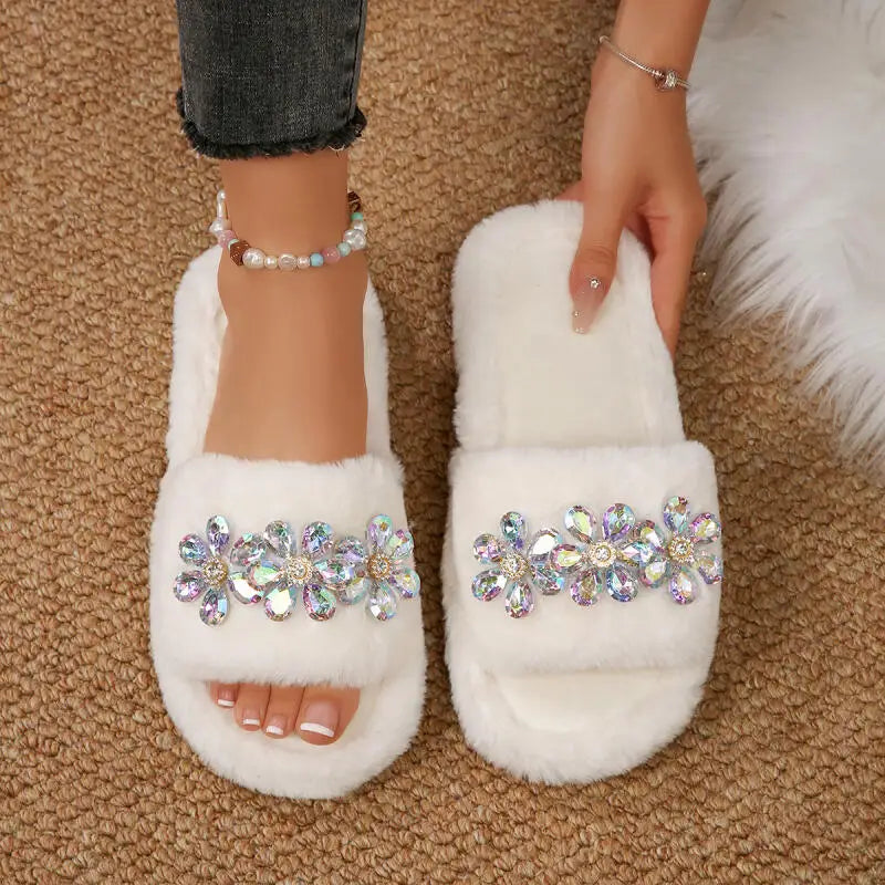 Luxury Glitter Flower Furry Slippers