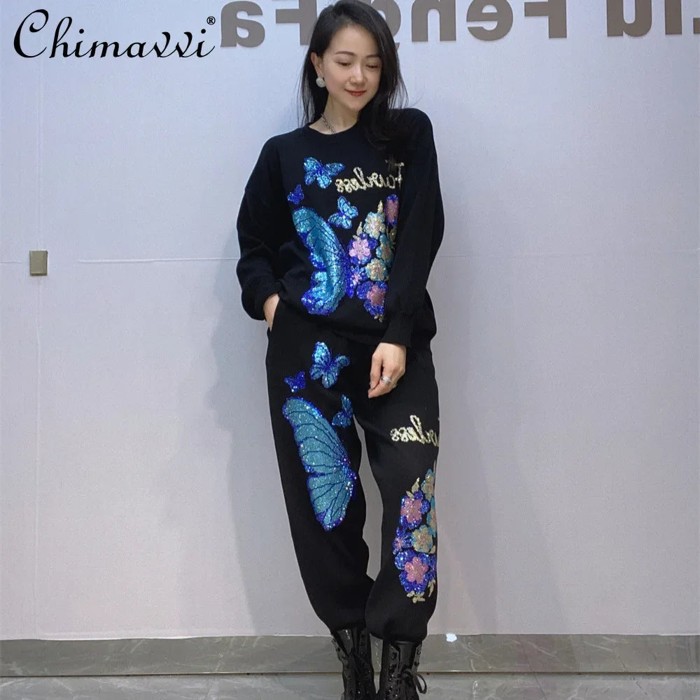 Knitted Crew Rhinestone Pullover Sweater Pants Sports Two-piece Set