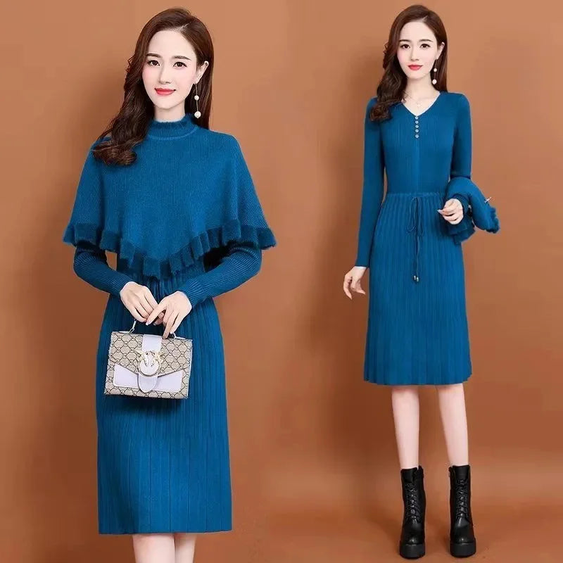 Long Sweater Dress Pullovers Warm Knitted Pullover Dresses + Sweaters Vest Two Pieces Set