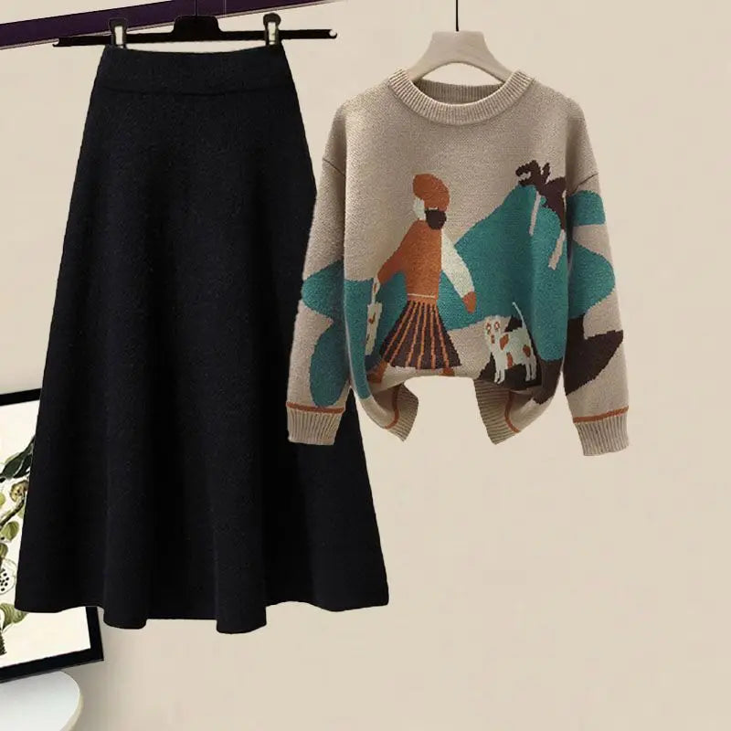 Printed Knitted Sweater Pullover Slim Fit Knitted Skirt Two Piece