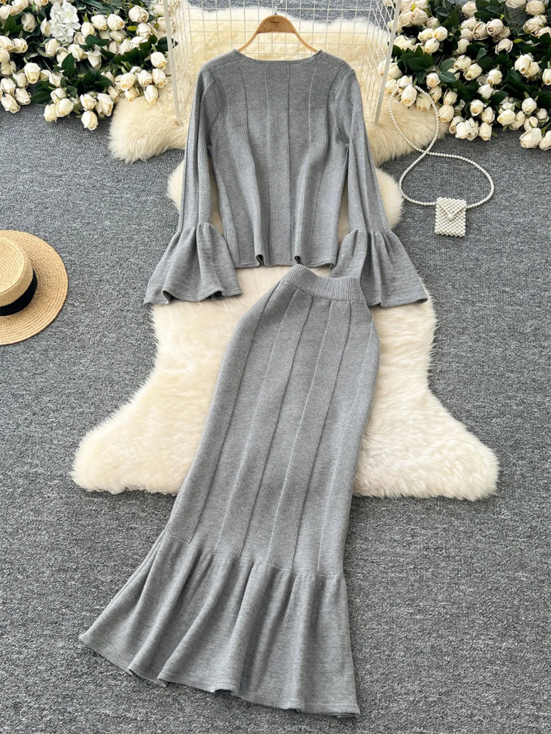 2 Piece Elegant Long Flare Sleeve Pullover Sweater And Trumpet Skirt Sets