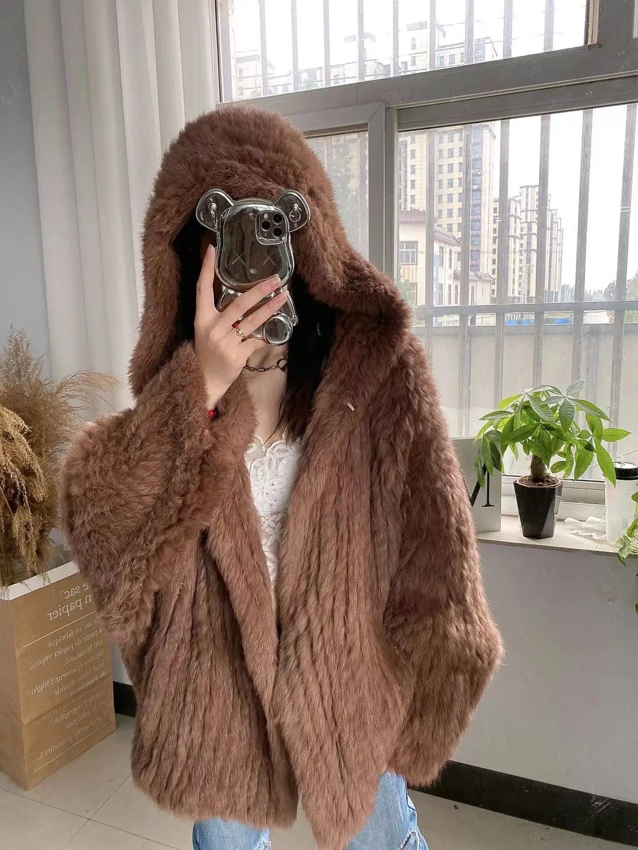 100% Real Rabbit Fur Coat