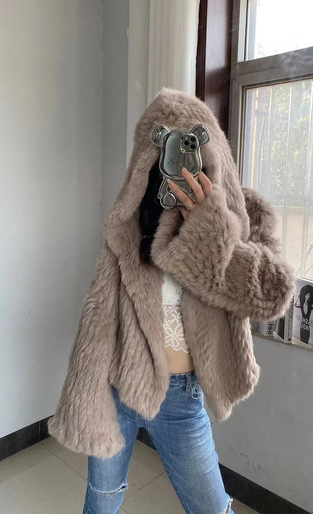 100% Real Rabbit Fur Coat