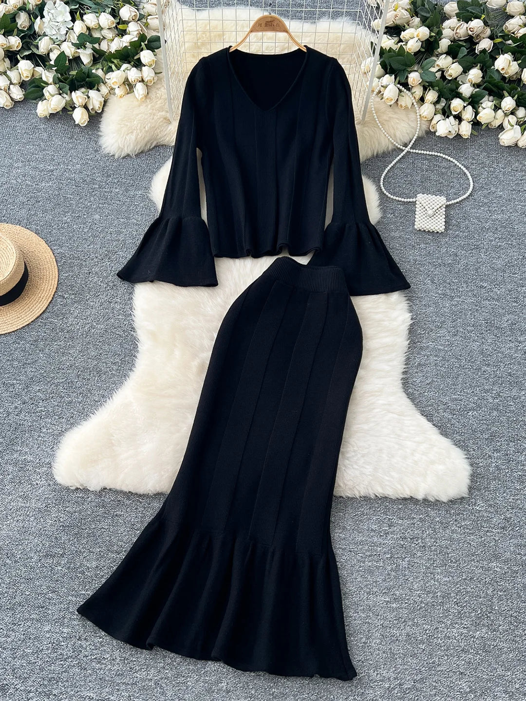 2 Piece Elegant Long Flare Sleeve Pullover Sweater And Trumpet Skirt Sets