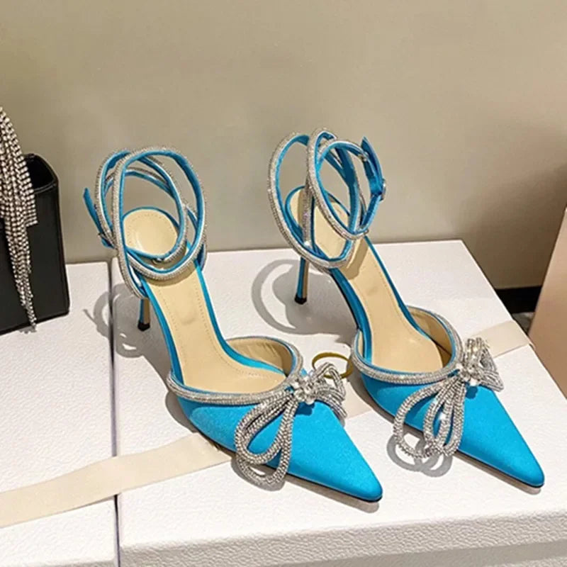Pointed Toe Baotou High Heels Luxury Bow Rhinestone