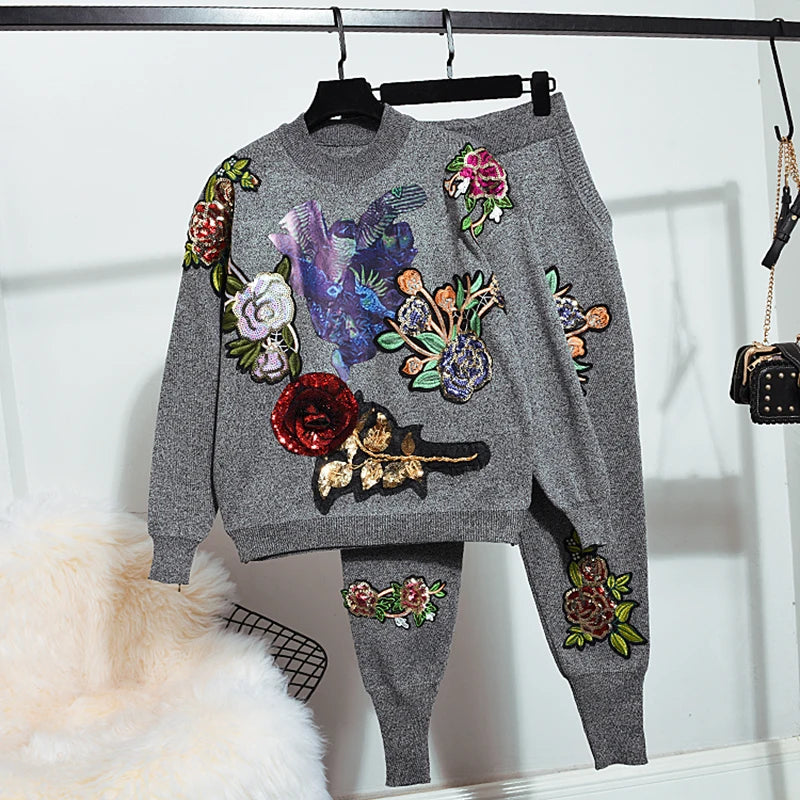Flower Sequin Bird Pattern Printing Knit Sweater Set