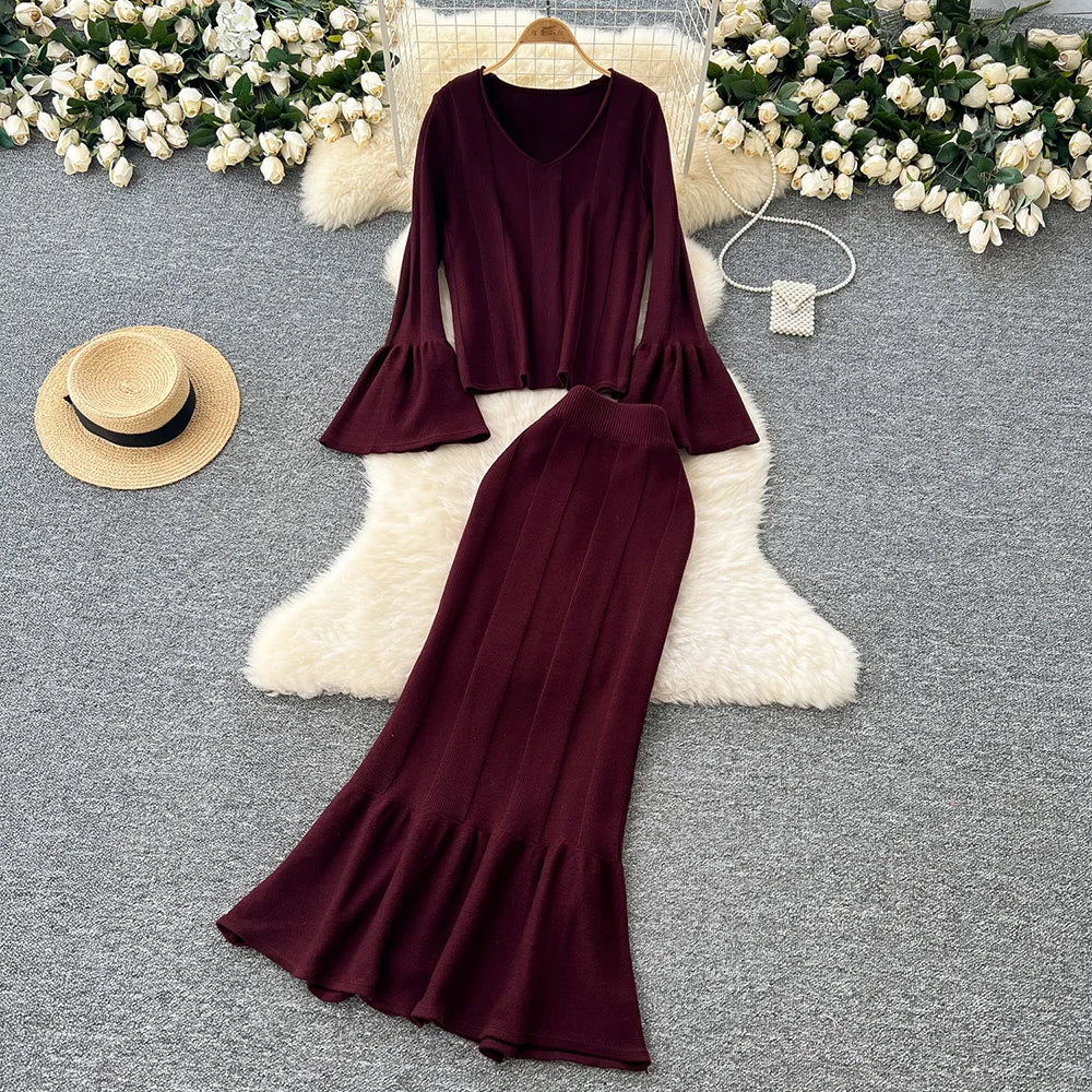 2 Piece Elegant Long Flare Sleeve Pullover Sweater And Trumpet Skirt Sets