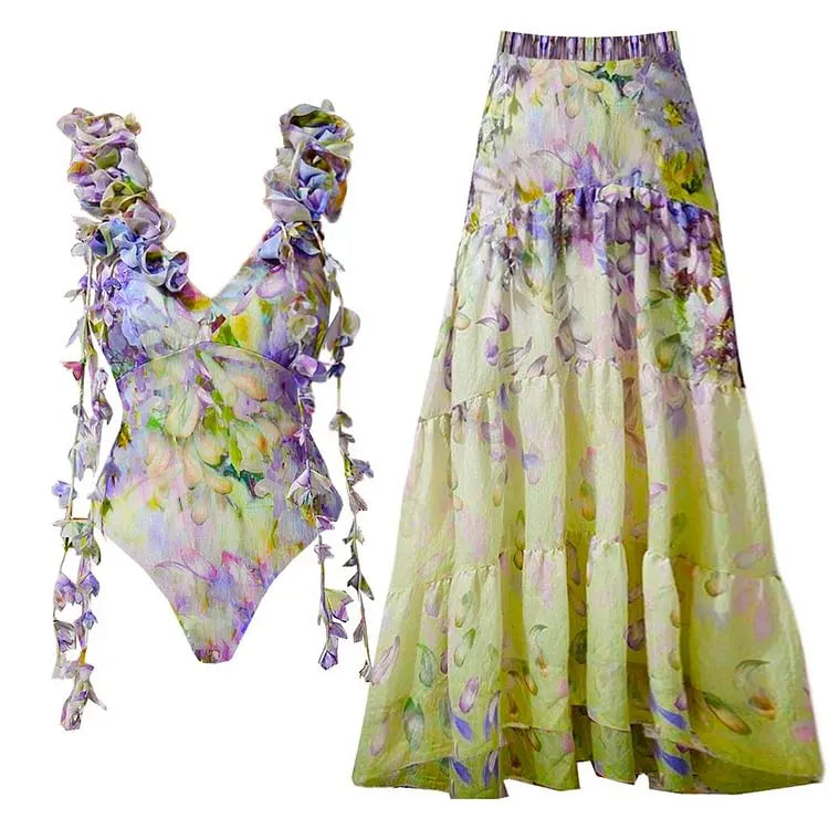 Luxury Flowers Printed One Piece Swimsuit and Skirt Beachwear
