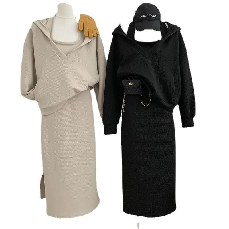 Loose Hooded Neck Dress Loose Sweater Coat Two-piece