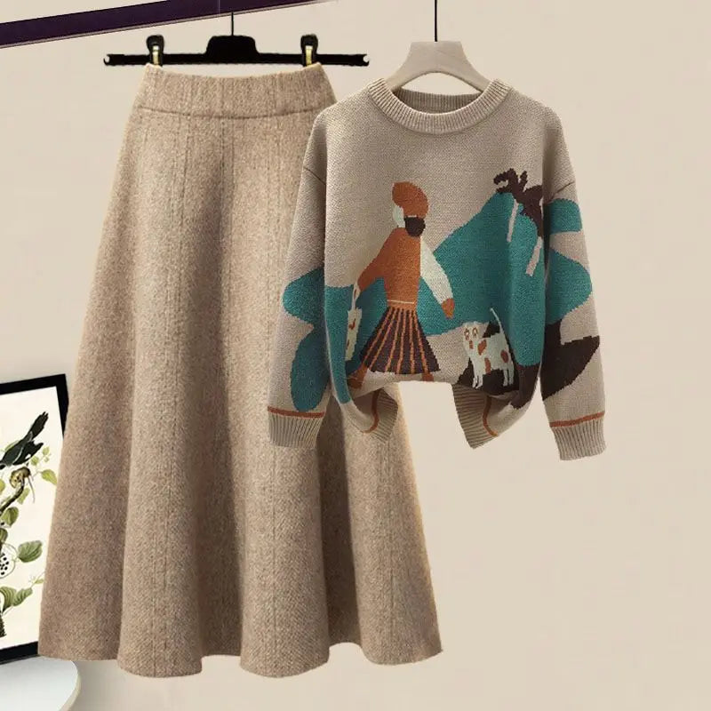 Printed Knitted Sweater Pullover Slim Fit Knitted Skirt Two Piece