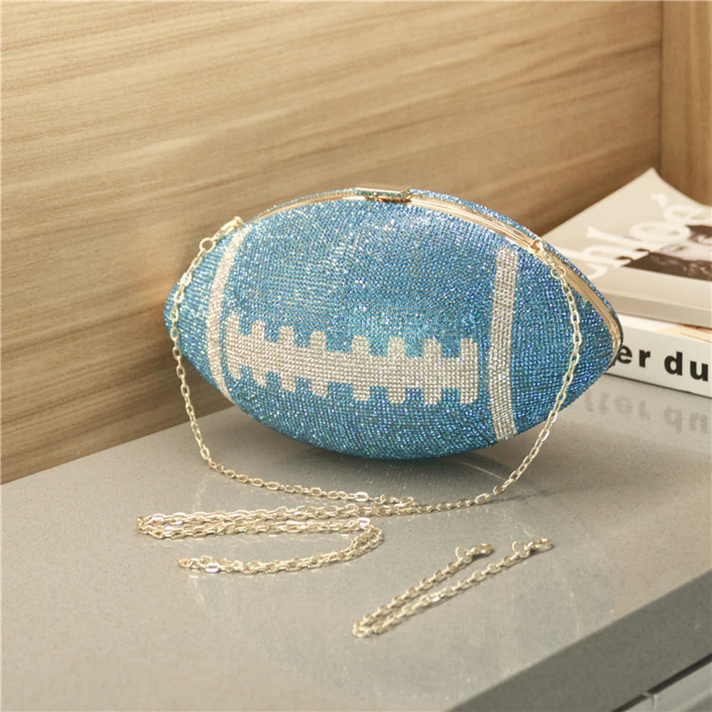 Creative Football Shape Bling Rhinestone Shiny Diamond Purse with Shoulder Chain