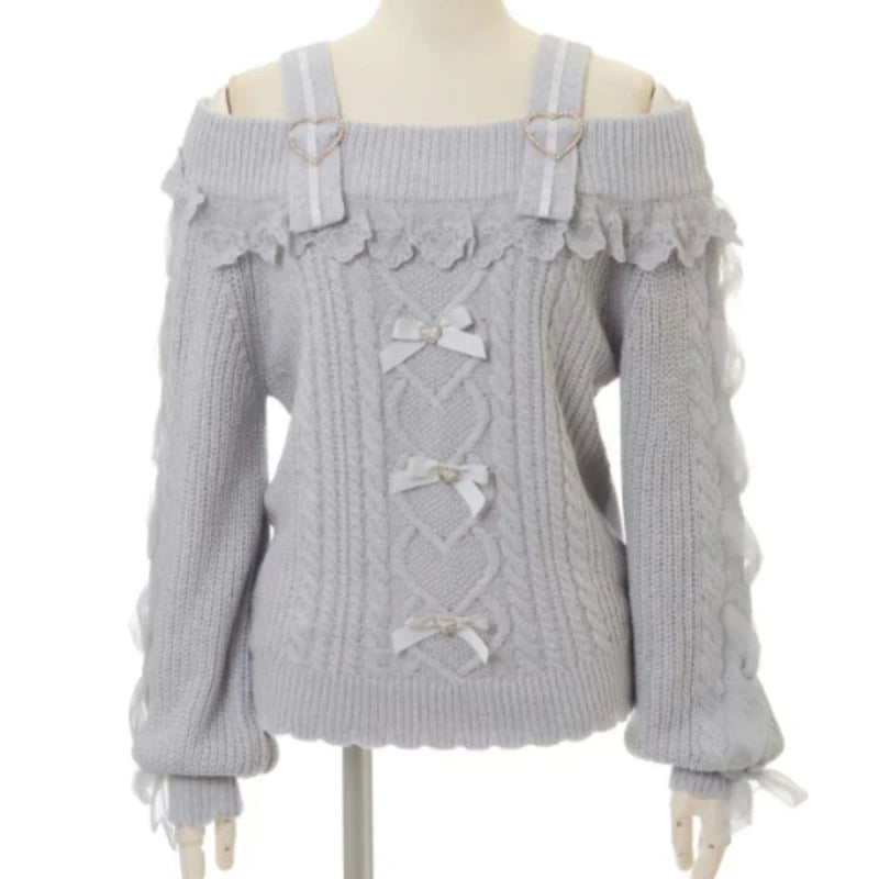 Sweet Cute Off Shoulder Lace Ruffles Bow Sweater