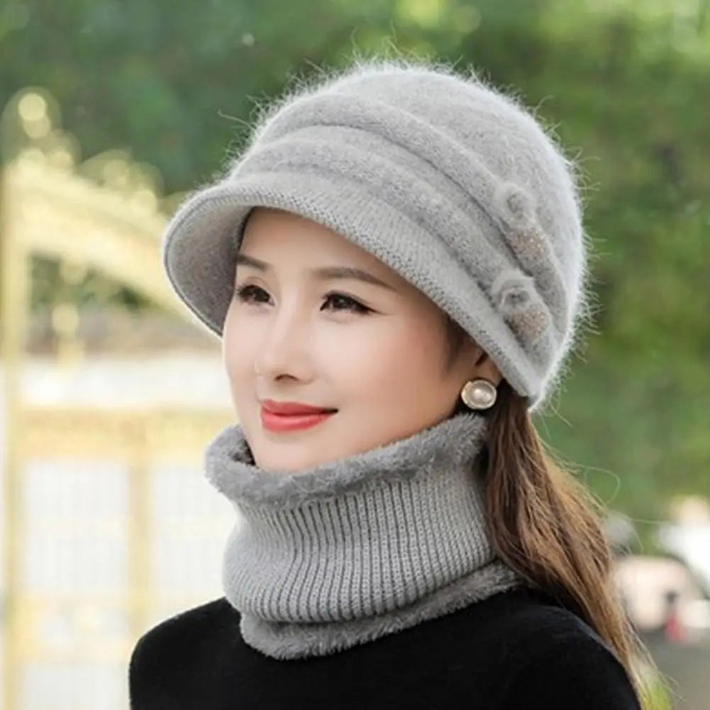 Sweet Ladies Cap & Scarf 2pcs Set Thickened Plush Lining