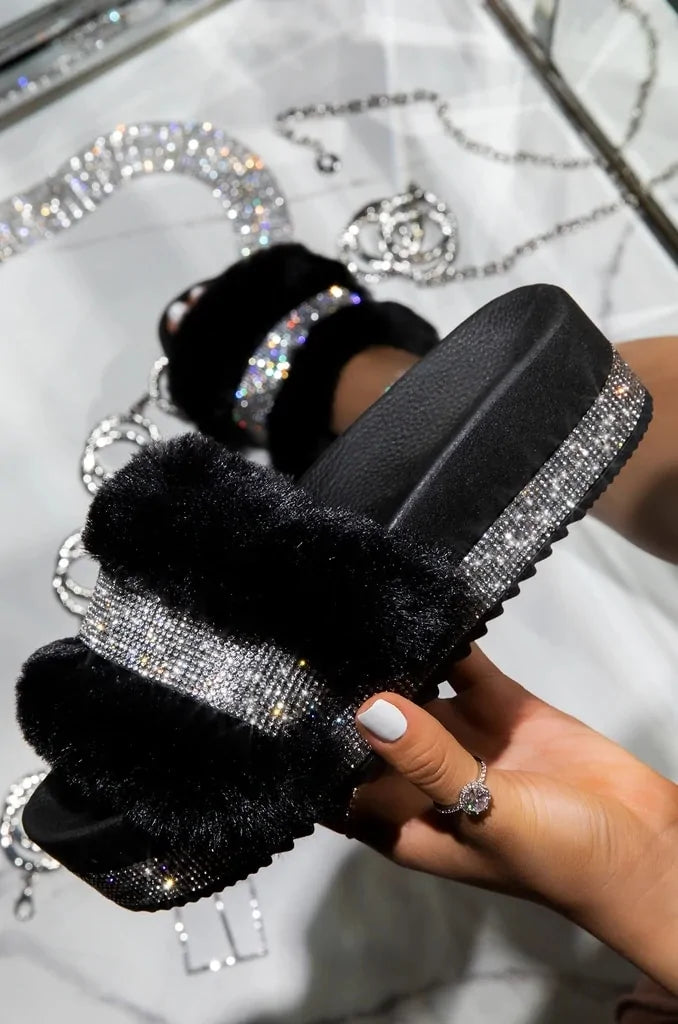 Fur Rhinestone Slippers