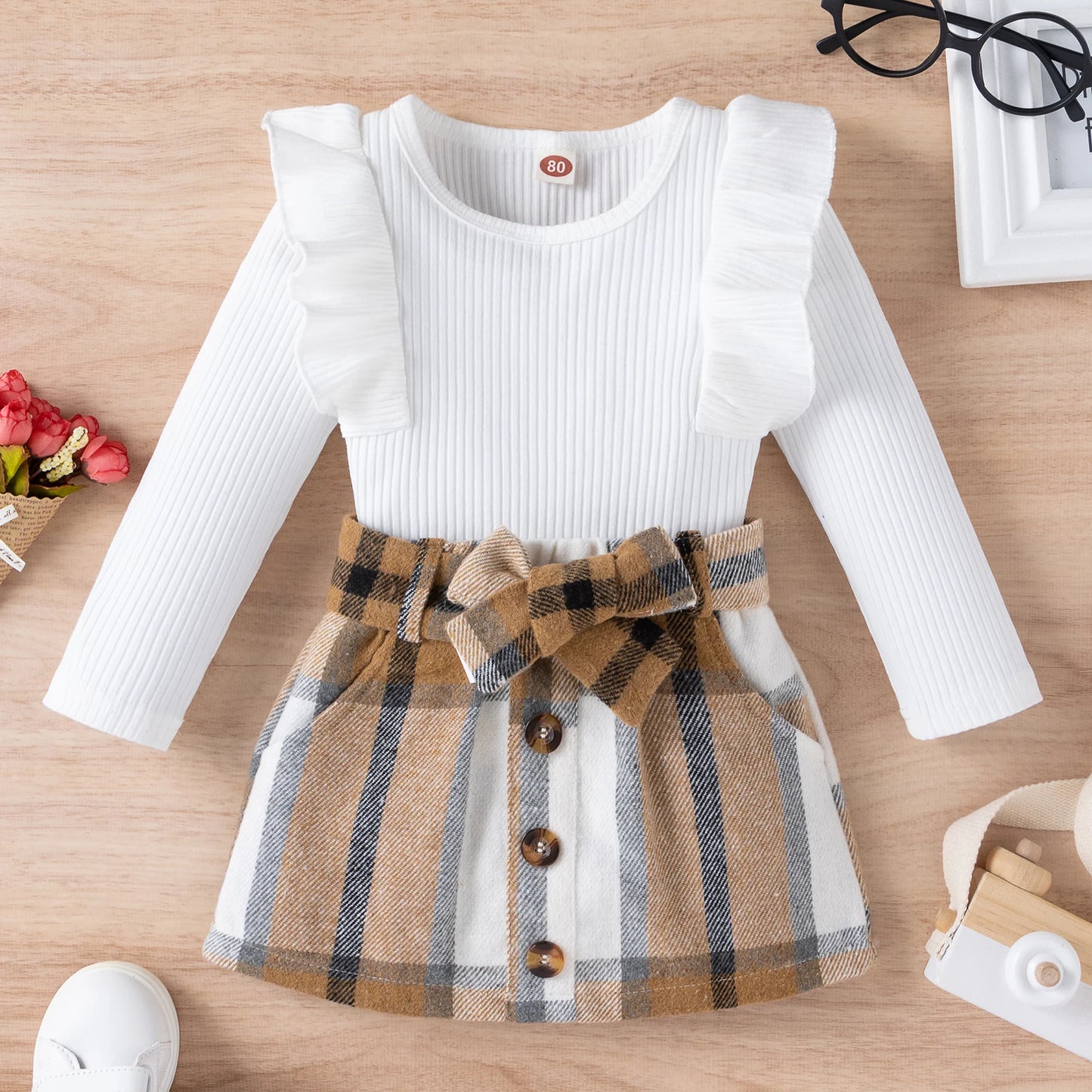 Girl 2Pcs Long Sleeve Knit and Plaid Skirts Set