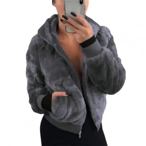 Plush Hoodie With Pocket Faux Fur Jacket