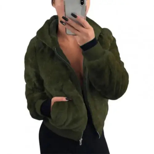 Plush Hoodie With Pocket Faux Fur Jacket