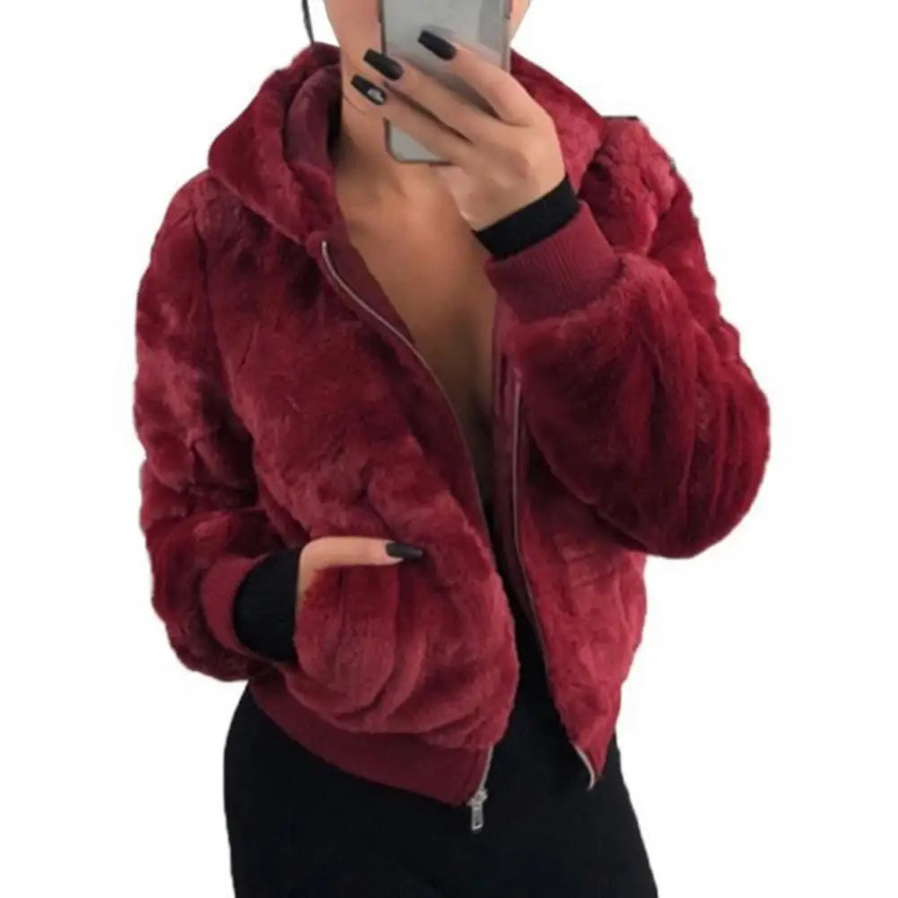 Plush Hoodie With Pocket Faux Fur Jacket