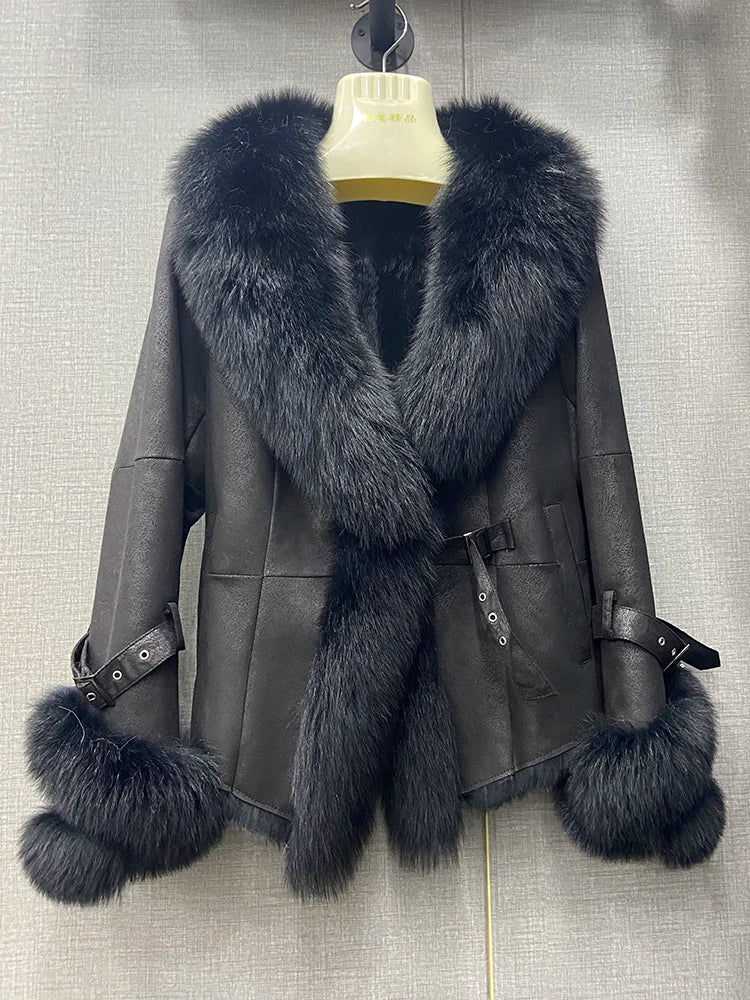 Winter Real Fox Fur Collar Coat Skin Real Rabbit Fur Inner Warm Jackets