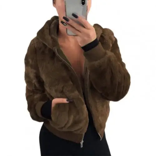 Plush Hoodie With Pocket Faux Fur Jacket