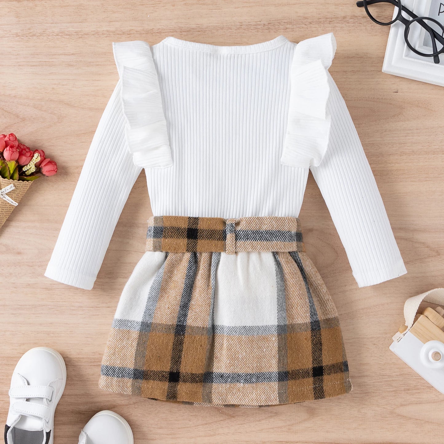 Girl 2Pcs Long Sleeve Knit and Plaid Skirts Set