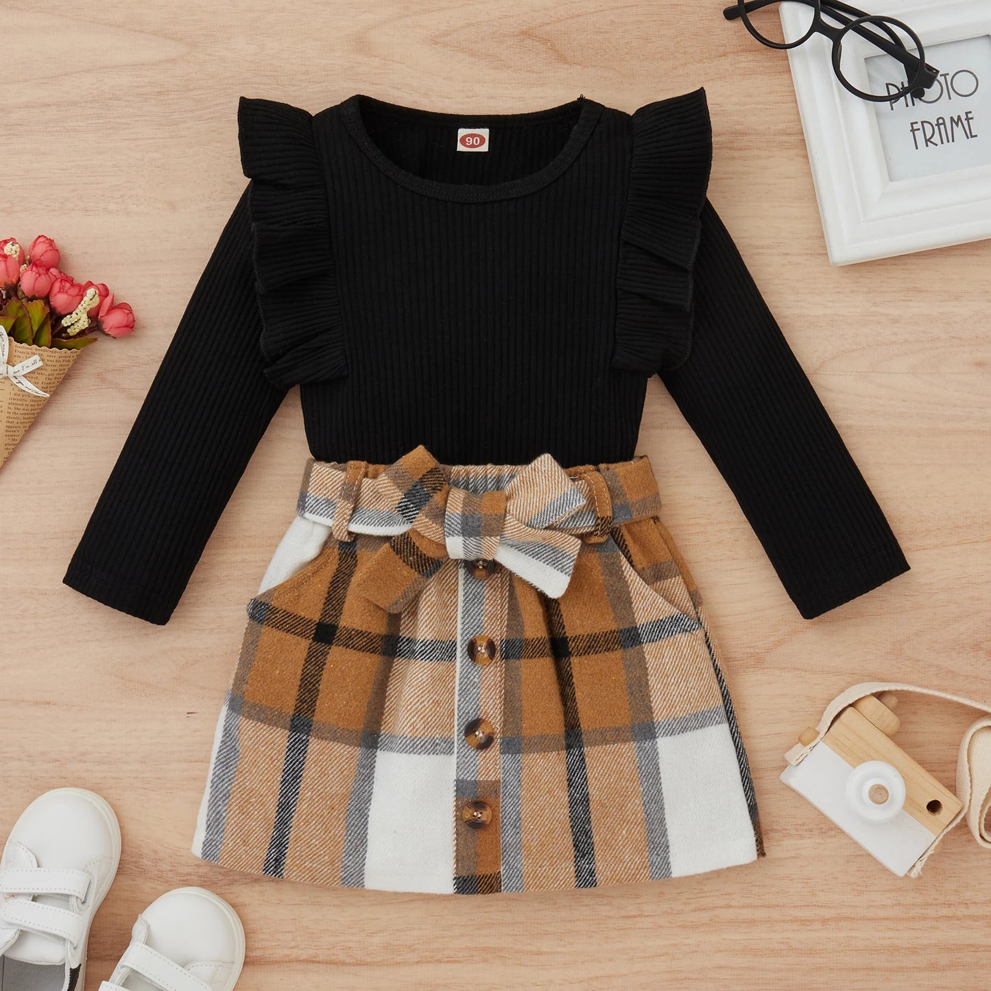 Girl 2Pcs Long Sleeve Knit and Plaid Skirts Set