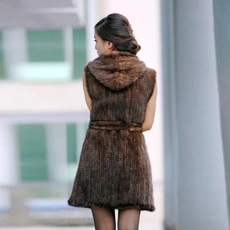 Genuine knitted hooded mink fur vest