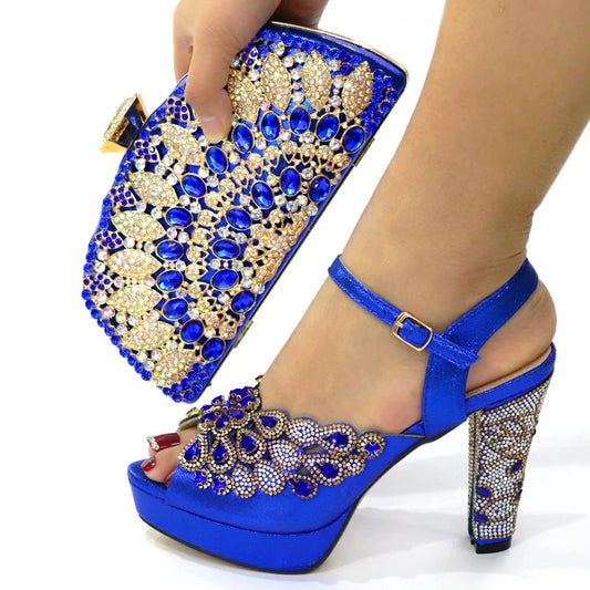 Decorative Peacock Rhinestone Shoes and  Matching Bags Set