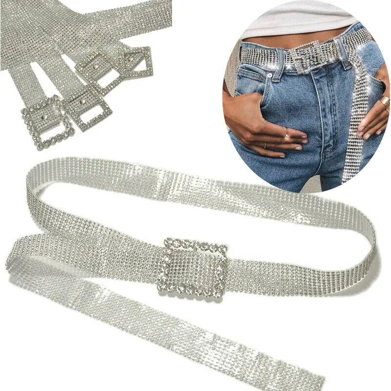 Ladies Shiny Crystal Wide Chain Belt