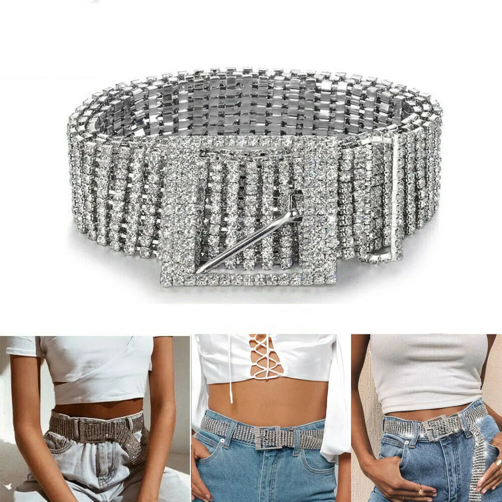 Ladies Shiny Crystal Wide Chain Belt