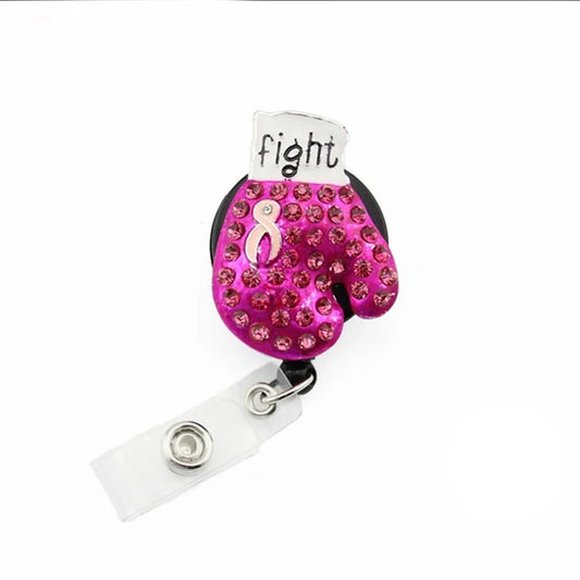 Bling Rhinestone Breast Cancer Awareness Pink Ribbon Boxing Glove Badge Retractable ID Badge Holder